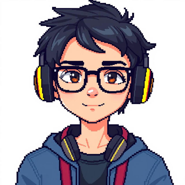 A pixel art style character of a young adult male with glasses and black hair, wearing headphones