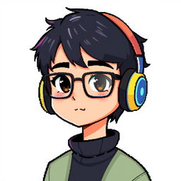 A pixel art style character of a young adult male with glasses and black hair, wearing headphones