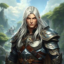 A 35-year-old male warrior, exuding pride and strength, with long, flowing white-blonde hair and piercing green eyes that shine with determination