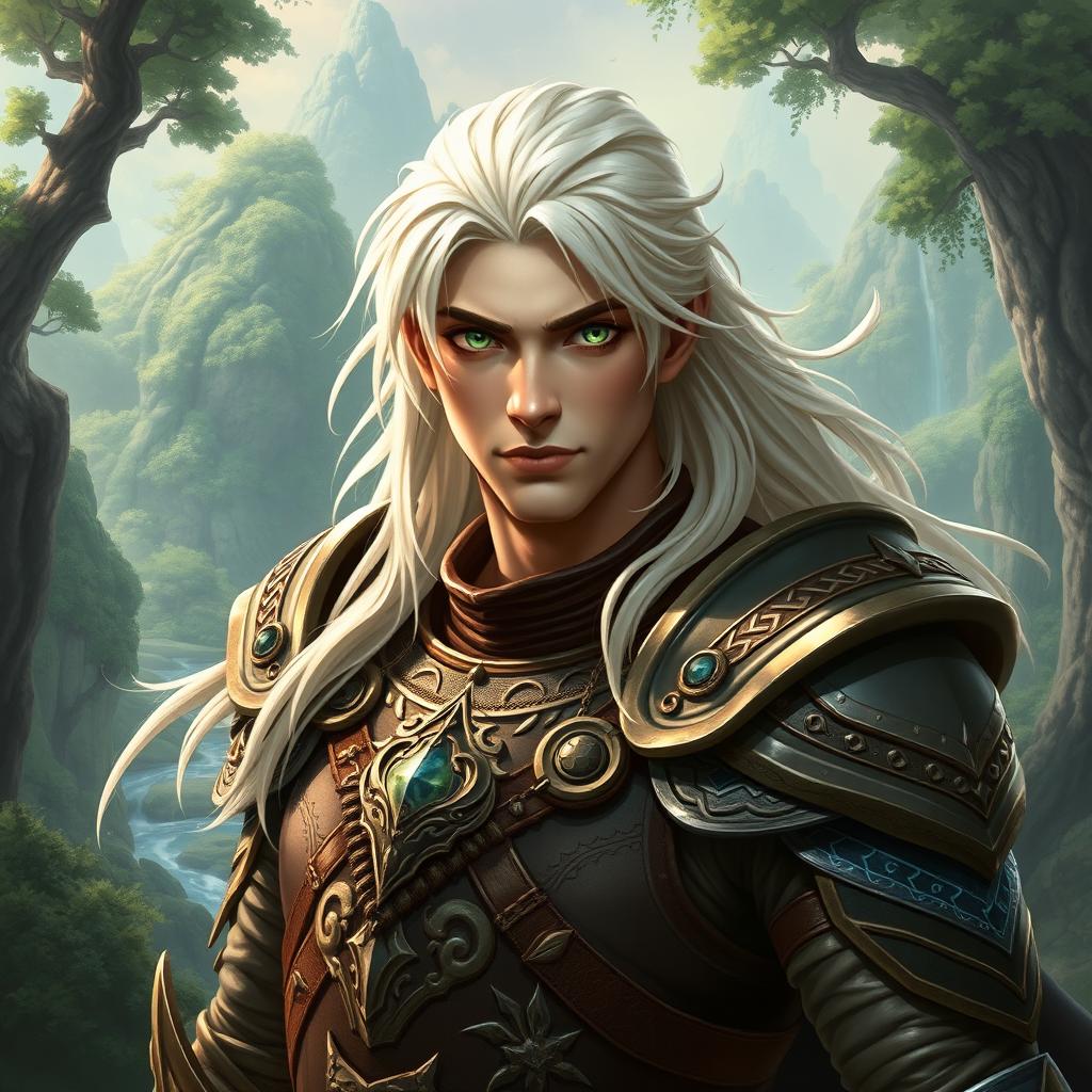 A 35-year-old male warrior, exuding pride and strength, with long, flowing white-blonde hair and piercing green eyes that shine with determination