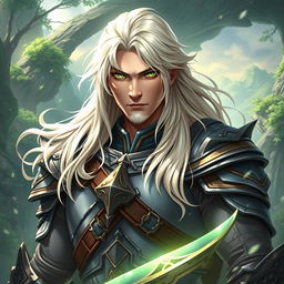 A 35-year-old male warrior, exuding pride and strength, with long, flowing white-blonde hair and piercing green eyes that shine with determination