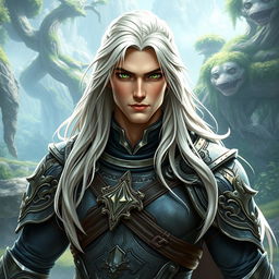 A 35-year-old male warrior, exuding pride and strength, with long, flowing white-blonde hair and piercing green eyes that shine with determination