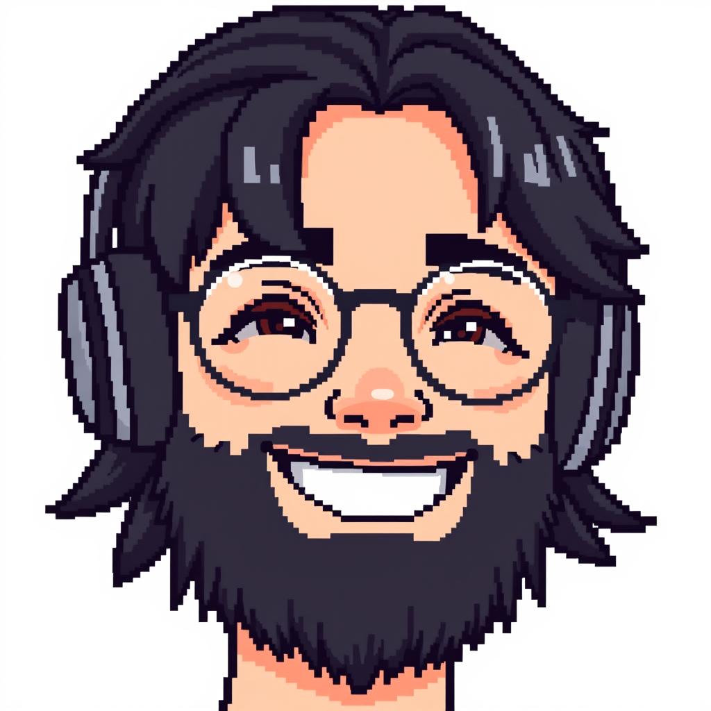 A pixel art style image of a young adult male character with black hair and a short black beard, wearing stylish headphones resting on his head