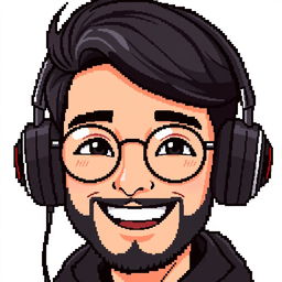 A pixel art style image of a young adult male character with black hair and a short black beard, wearing stylish headphones resting on his head