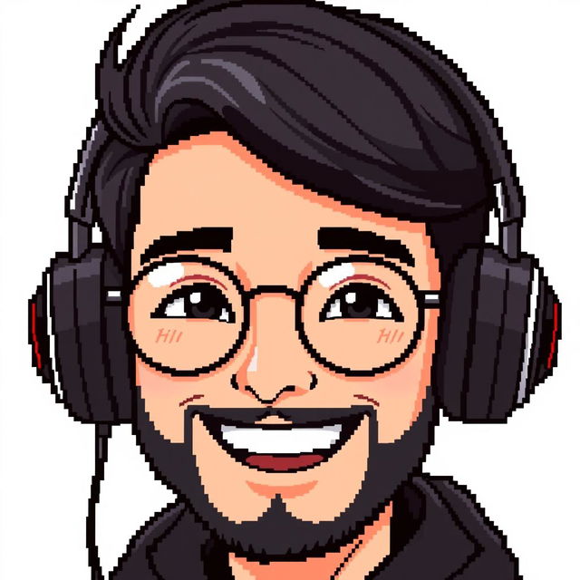 A pixel art style image of a young adult male character with black hair and a short black beard, wearing stylish headphones resting on his head