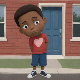 A heart-tugging 2D cartoon image featuring an African American boy standing alone outside a school, his downcast expression painting a picture of loneliness and sadness.