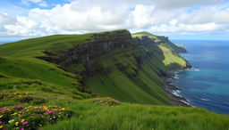 A breathtaking landscape of the Feroe Islands, showcasing dramatic cliffs and rolling green hills under a dynamic sky filled with fluffy clouds