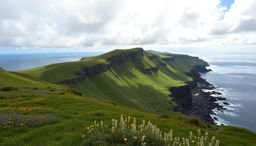 A breathtaking landscape of the Feroe Islands, showcasing dramatic cliffs and rolling green hills under a dynamic sky filled with fluffy clouds