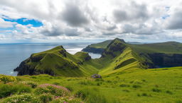 A breathtaking landscape of the Feroe Islands, showcasing dramatic cliffs and rolling green hills under a dynamic sky filled with fluffy clouds