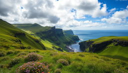 A breathtaking landscape of the Feroe Islands, showcasing dramatic cliffs and rolling green hills under a dynamic sky filled with fluffy clouds