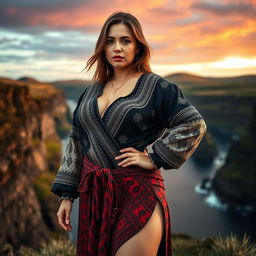 A striking portrait of a sexy woman in the Feroe Islands, showcasing her BIG, voluptuous figure in a provocative pose while wearing traditional Faroese clothing that accentuates her curves