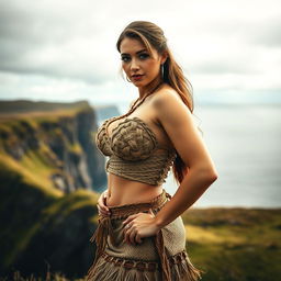 A captivating portrait of a sexy woman in the Feroe Islands, showcasing her BIG, voluptuous figure in a provocative pose while wearing traditional Faroese attire made from natural materials, resembling grass and woven textiles