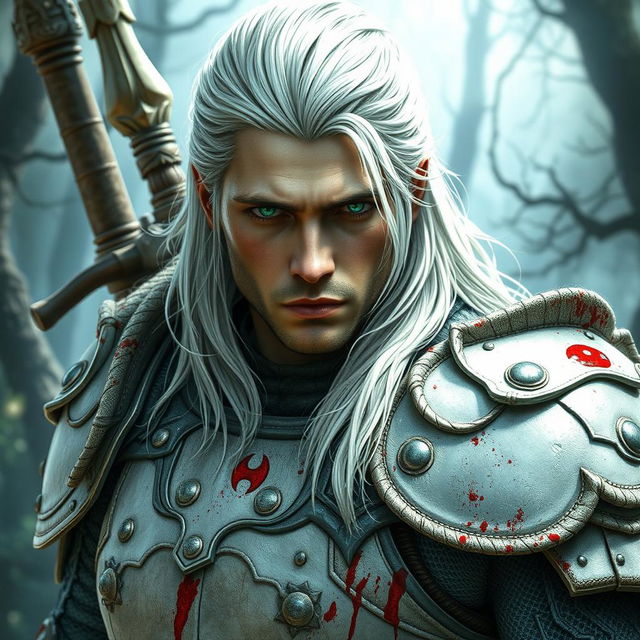 A striking fantasy warrior with long white-blond hair and intense green eyes