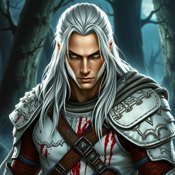 A striking fantasy warrior with long white-blond hair and intense green eyes