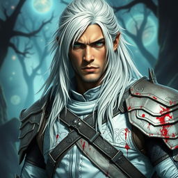 A striking fantasy warrior with long white-blond hair and intense green eyes