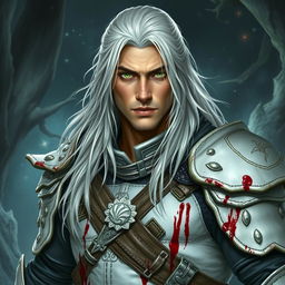 A striking fantasy warrior with long white-blond hair and intense green eyes