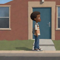 A heart-tugging 2D cartoon image featuring an African American boy standing alone outside a school, his downcast expression painting a picture of loneliness and sadness.