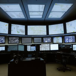 The expansive desk in the SWAT Control Room, filled with numerous screens displaying real-time data, strategic maps, and intricate communications equipment.