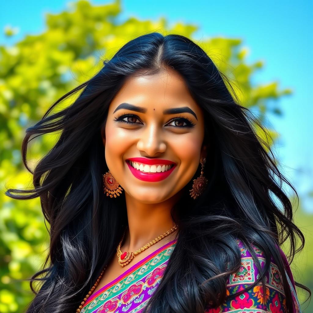 A portrait of a confident Indian woman with a captivating smile, celebrating her beauty and culture