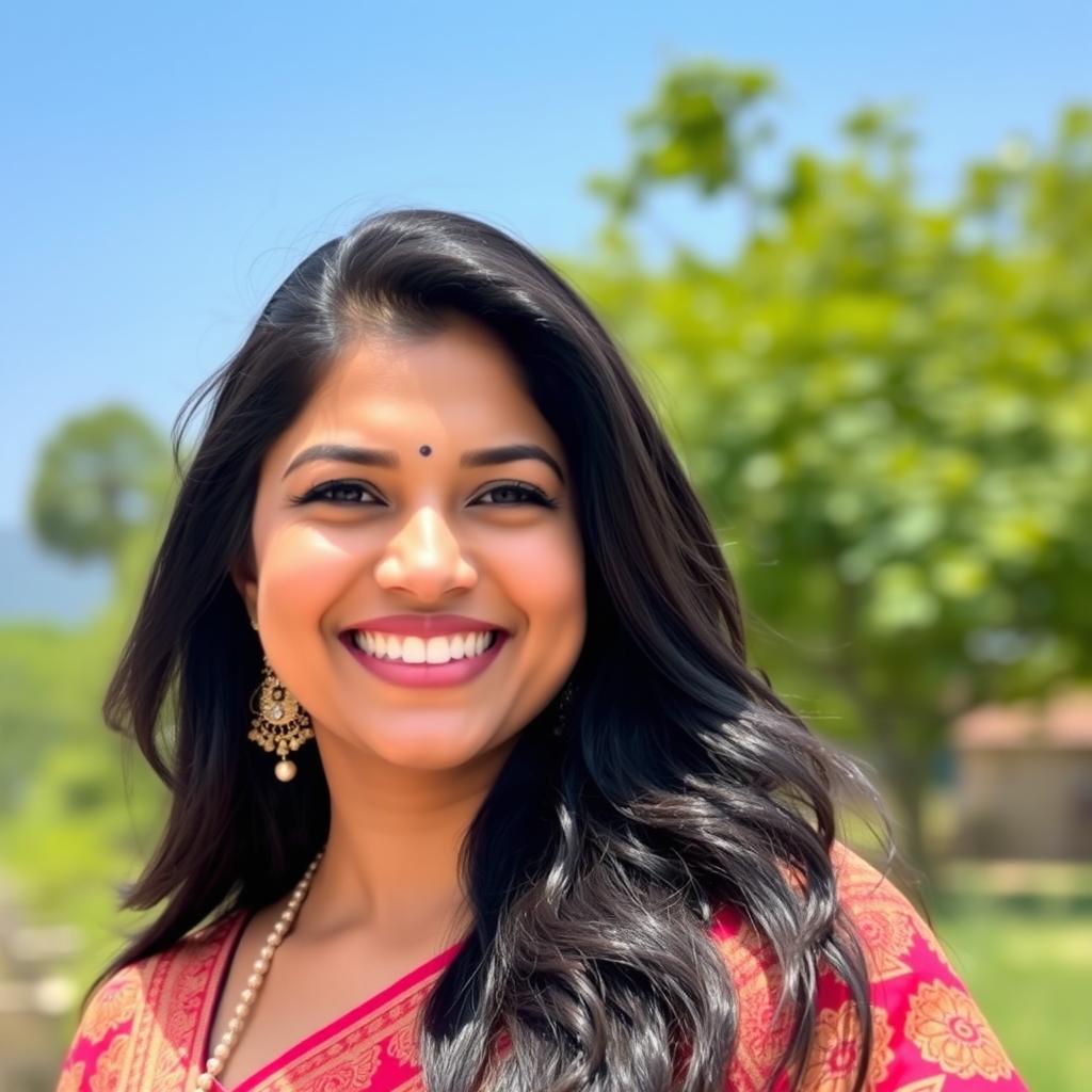 A portrait of a confident Indian woman with a captivating smile, celebrating her beauty and culture