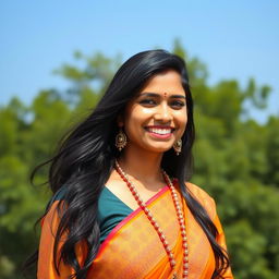 A portrait of a confident Indian woman with a captivating smile, celebrating her beauty and culture