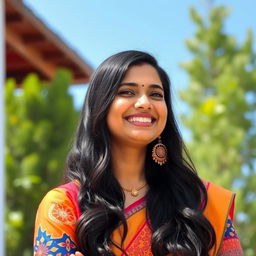 A portrait of a confident Indian woman with a captivating smile, celebrating her beauty and culture