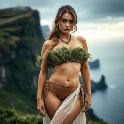 A captivating portrait of a sexy woman in the Feroe Islands, featuring her BIG, voluptuous figure in a provocative pose