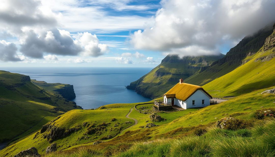 A breathtaking landscape of the Faroe Islands, featuring a picturesque scene that includes a traditional Faroese house with a distinctive grass-covered roof