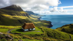 A breathtaking landscape of the Faroe Islands, featuring a picturesque scene that includes a traditional Faroese house with a distinctive grass-covered roof