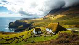 A breathtaking landscape of the Faroe Islands, featuring a picturesque scene that includes a traditional Faroese house with a distinctive grass-covered roof