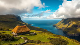 A breathtaking landscape of the Faroe Islands, featuring a picturesque scene that includes a traditional Faroese house with a distinctive grass-covered roof