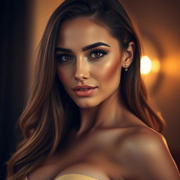 A close-up portrait of a confident and beautiful woman with large breasts, emphasizing her alluring features while exuding a sense of empowerment