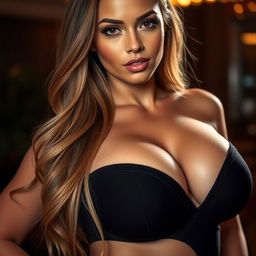 A close-up portrait of a confident and beautiful woman with large breasts, emphasizing her alluring features while exuding a sense of empowerment