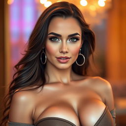 A close-up portrait of a confident and beautiful woman with large breasts, emphasizing her alluring features while exuding a sense of empowerment