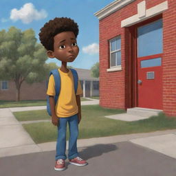 A heart-tugging 2D cartoon image featuring an African American boy standing alone outside a school, his downcast expression painting a picture of loneliness and sadness.