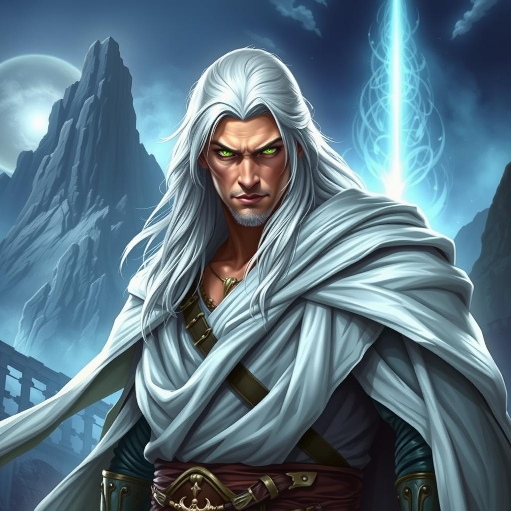 A fantasy scene depicting a strong and masculine warrior with long white-blond hair and piercing green eyes