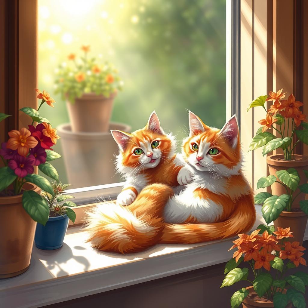 An artistic interpretation of a beautiful and colorful feline playfully lounging on a sunny windowsill, surrounded by vibrant potted plants and soft sunlight streaming through