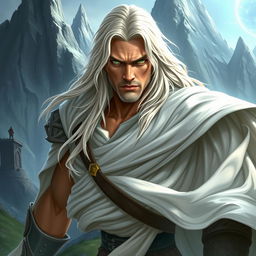 A fantasy scene depicting a strong and masculine warrior with long white-blond hair and piercing green eyes