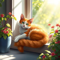 An artistic interpretation of a beautiful and colorful feline playfully lounging on a sunny windowsill, surrounded by vibrant potted plants and soft sunlight streaming through