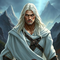 A fantasy scene depicting a strong and masculine warrior with long white-blond hair and piercing green eyes