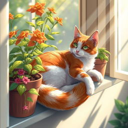 An artistic interpretation of a beautiful and colorful feline playfully lounging on a sunny windowsill, surrounded by vibrant potted plants and soft sunlight streaming through