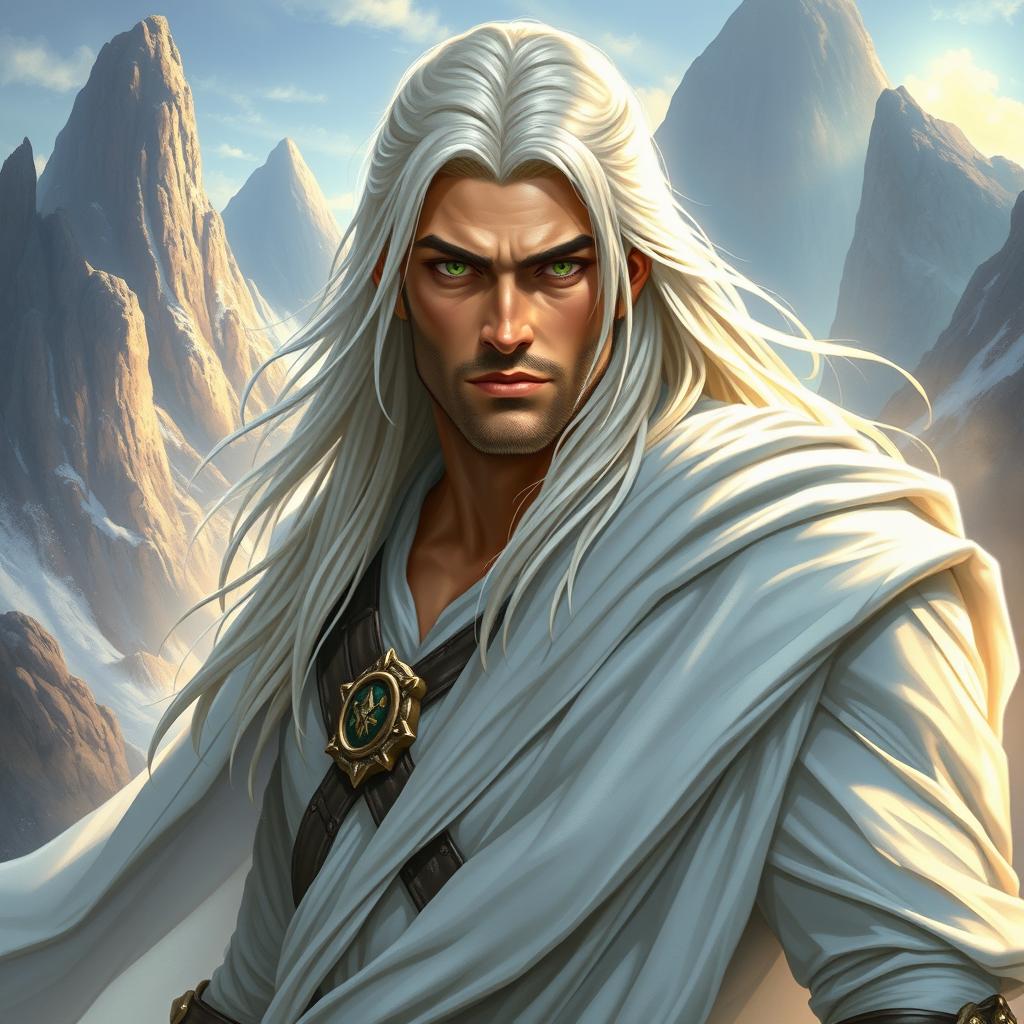 A fantasy scene depicting a strong and masculine warrior with long white-blond hair and piercing green eyes