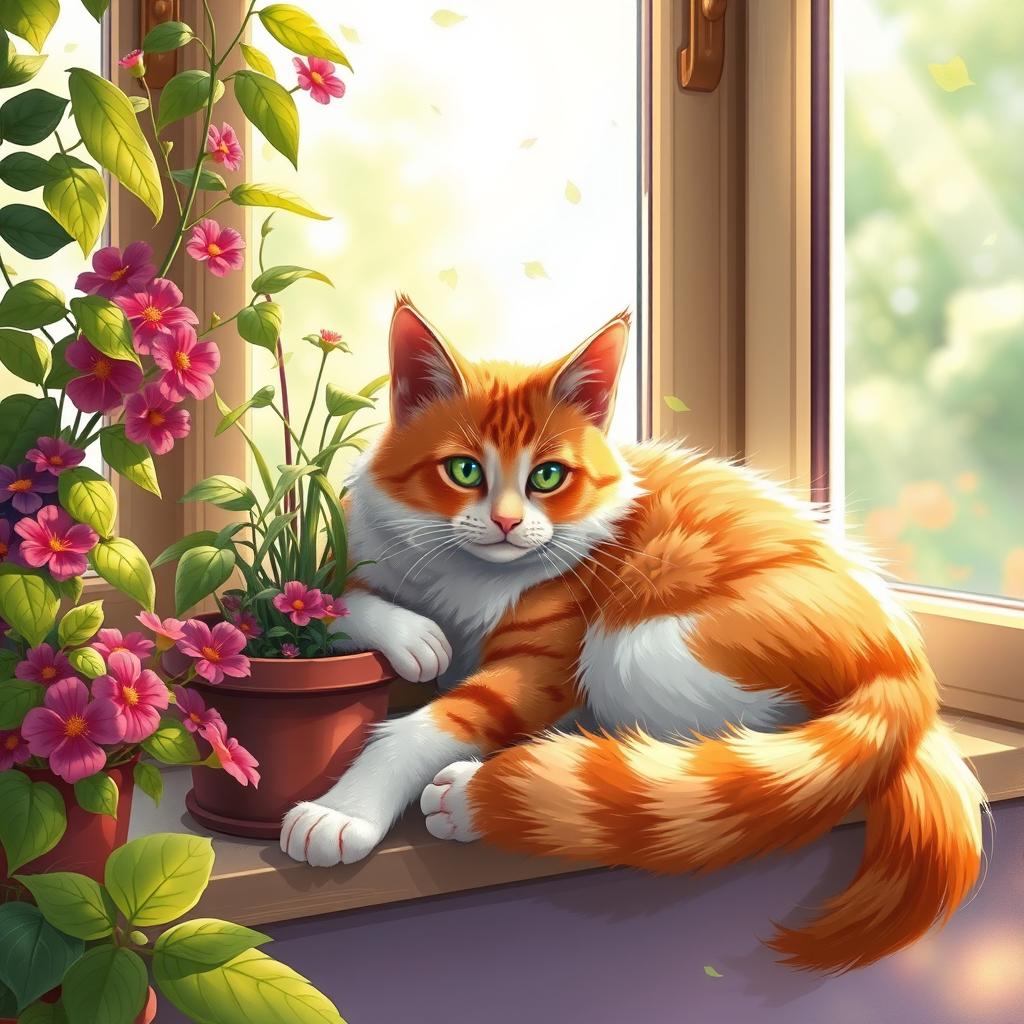 An artistic interpretation of a beautiful and colorful feline playfully lounging on a sunny windowsill, surrounded by vibrant potted plants and soft sunlight streaming through