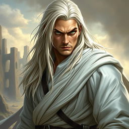 A fantasy scene featuring a cunning warrior with long white-blond hair and striking green eyes