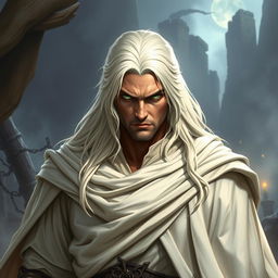 A fantasy scene featuring a cunning warrior with long white-blond hair and striking green eyes