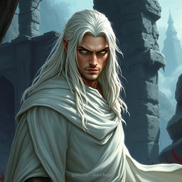 A fantasy scene featuring a cunning warrior with long white-blond hair and striking green eyes