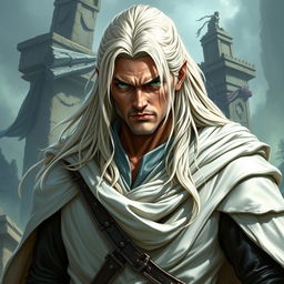 A fantasy scene featuring a cunning warrior with long white-blond hair and striking green eyes