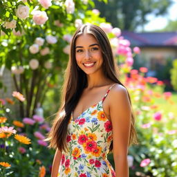 A beautiful young woman with long flowing dark hair, wearing a stylish summer dress adorned with colorful floral patterns