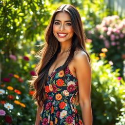 A beautiful young woman with long flowing dark hair, wearing a stylish summer dress adorned with colorful floral patterns