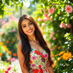 A beautiful young woman with long flowing dark hair, wearing a stylish summer dress adorned with colorful floral patterns